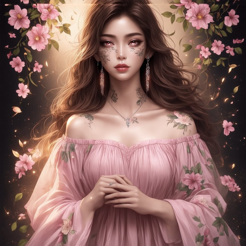 (Hyperrealism), (elegant_background), (floral_elements), a gorgeous Japanese girl with flowing long brown curly hair wearing a Parsi baby pink frock with flower prints on it, pointed chest, holding a lily, ((shadowy_face)), closeup, [Hyperrealism_Glamor]+++, soft_colors, delicate_details, particles, falling_magic, RTX, bloom, jewelry, earrings, necklace, bracelet made from flowers and leaves, long_hair, hyperrealism_artwork, parted_lips, glowing_tattoos, backlight, dark_background, (flower_prints), (Silhouette_art)++, musician’s dark silhouette, Oil_on_canvas, refined, showcasing graceful posture, soft golden hour lighting, delicate shadows, flowing gown, captivating gaze