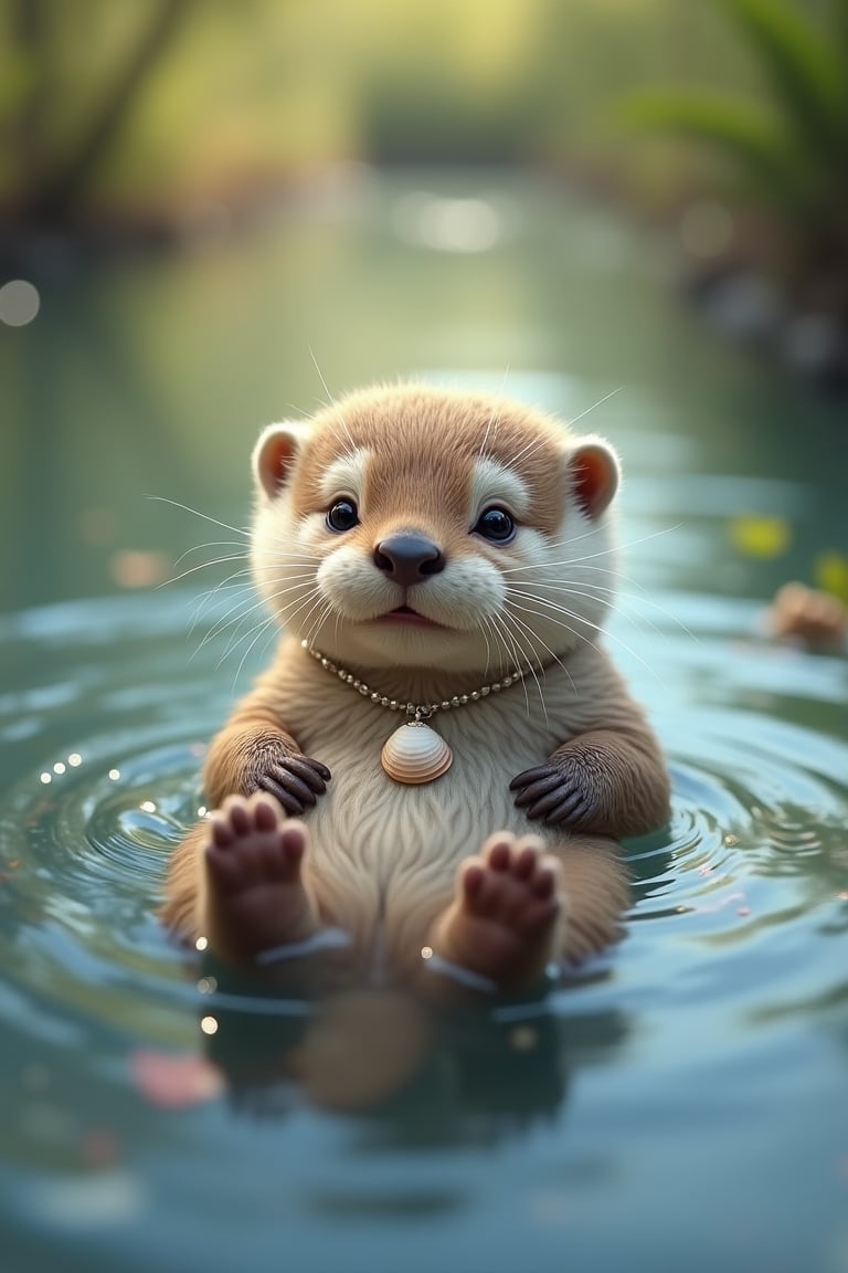 (photorealism:1.2), adorable baby otter, floating on its back in a calm river, wearing a tiny seashell necklace, fluffy fur and playful eyes, surrounded by sparkling water and gentle ripples, peaceful and sunny day, content and joyful mood, wide grin with tiny paws holding a shell, pastel blues and greens, late morning, Aquatic Fantasy style, by Brian Froud, soft textures and shimmering light, mid-shot, otter cuteness, (best quality), (realistic lighting), (8k resolution).
