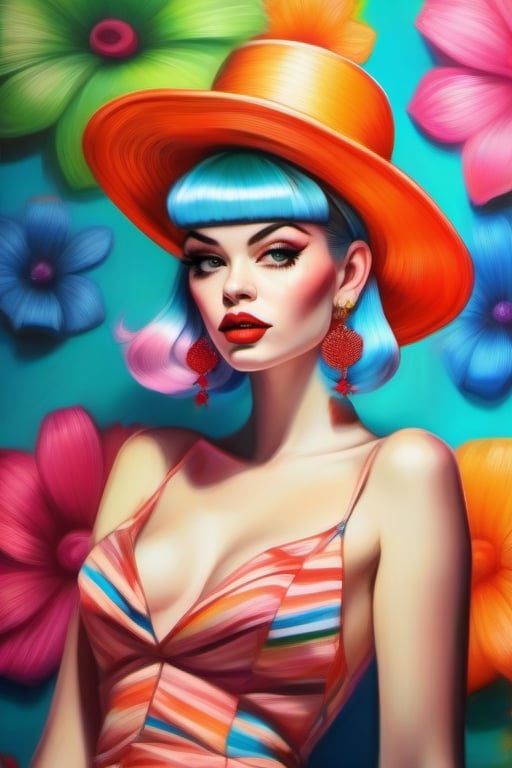 Realistic sketch of an arrogant girl in a colorful striped silky V-neck dress, long flowered hat, neon hair, with floral wallpaper background, vintage pinup, pop art