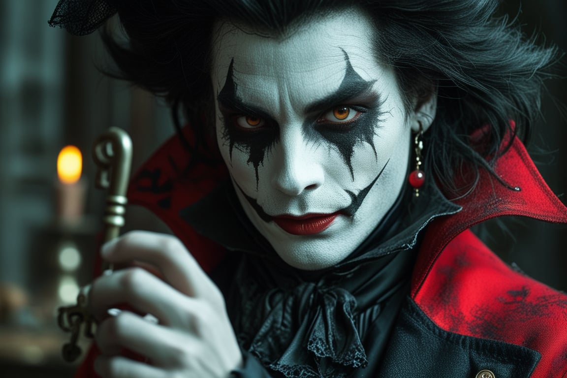 (masterpiece), best quality, expressive eyes, perfect face,A sinister figure with a painted white face, red accents, and bold makeup holds a key. Dressed in a black vest and red shirt, they exude a creepy, theatrical vibe in a dark, eerie setting.