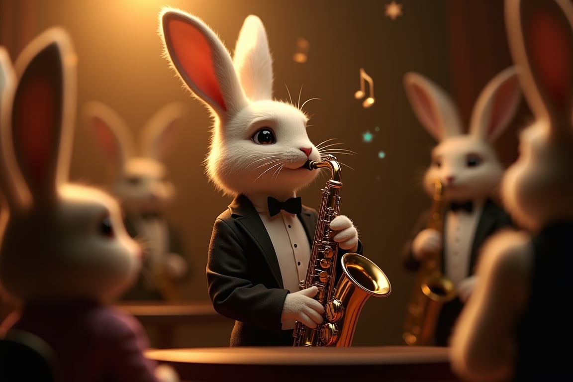 A masterpiece in warm and golden tones: A majestic rabbit donning a perfectly tailored tuxedo, crisp white shirt, and bowtie, standing on an intimate jazz club stage amidst vintage decor and soft ambient lighting. The rabbit's expressive eyes closed in concentration as it holds a shiny saxophone with delicate paws, playing a soulful jazz melody that fills the air with floating musical notes. Silky ears with a slight curl frame the rabbit's face, while subtle bioluminescent patterns on its fair fur glimmer in harmony with the performance. A small audience of anthropomorphic animals dressed in elegant attire gazes in awe, mesmerized by the rabbit's enchanting jazz solo.