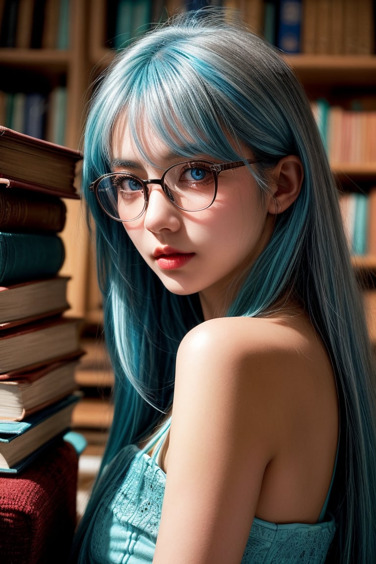 A young Italy woman with vibrant blue and white hair, shyly escapes the library, clutching a stack of books. Her bespectacled gaze, courtesy of black round-frames, reveals striking aqua-blue pupils. Ultra-detailed features radiate in 4K clarity: porcelain skin, high cheekbones, and a delicate nose. A subtle blush rises to her cheeks as she looks directly at the viewer from an off-center angle, showcasing luscious dark skin and prominent, yet toned, shoulders. Her gaze is illuminated by glowing pupils, while a gentle flush adorns her face.