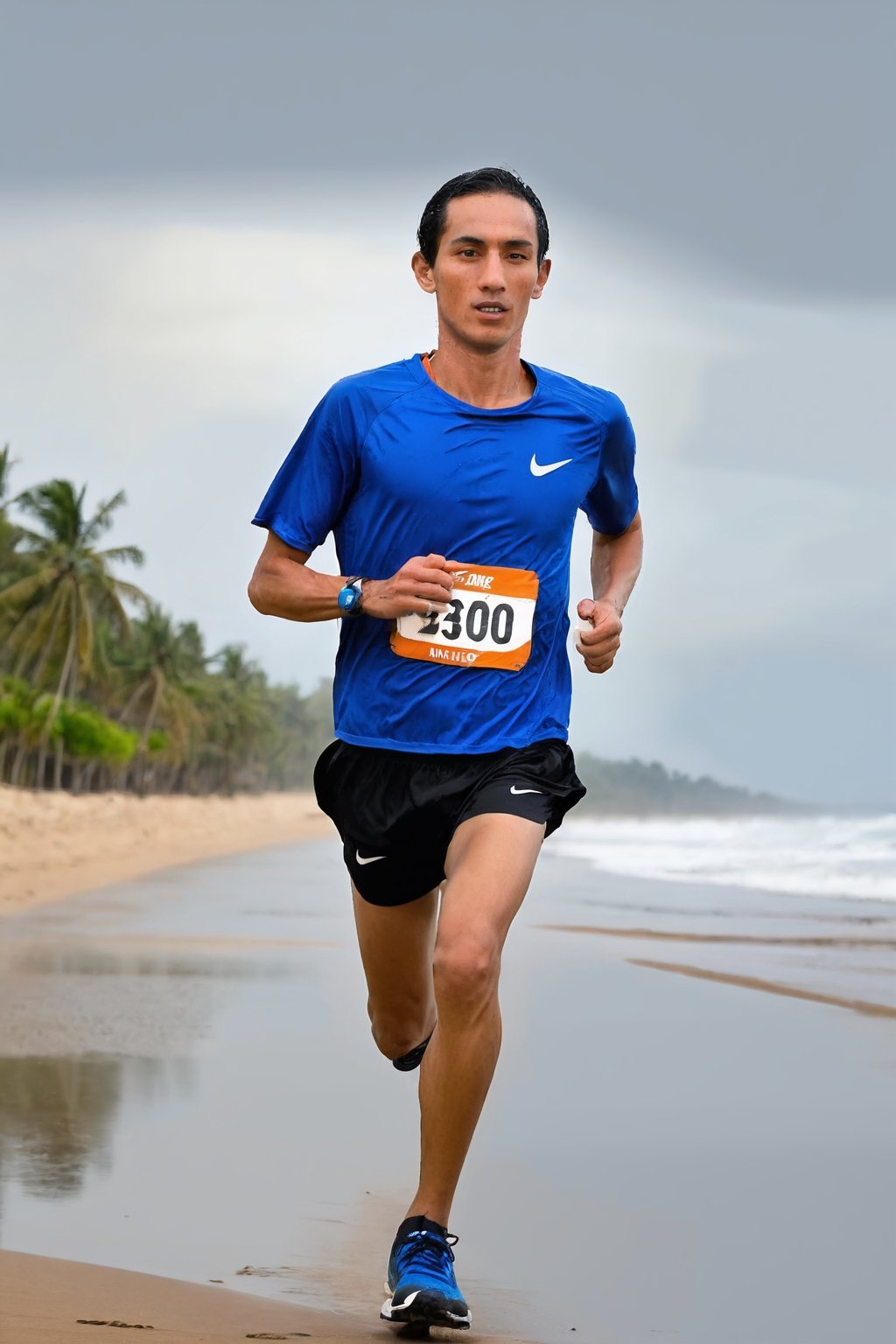 1man, teenage, nike blue sleeve jersey, nike black short, nike vaporfly running shoes, running on Bali Marathon event, beach scenery, looking at viewer, wet sweat, bib number, masterpiece, best quality, aesthetic, Photorealistic, distance shot, full body shot, perfect anatomy, perfect hand