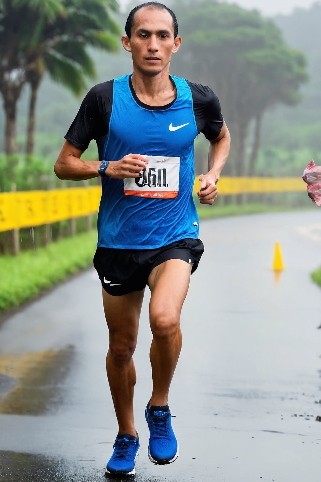 1man, teenage, nike blue sleeve jersey, nike black short, nike vaporfly running shoes, running on Bali Marathon event, looking at viewer, wet sweat, bib number, masterpiece, best quality, aesthetic, Photorealistic, distance shot, full body shot, perfect anatomy, perfect hand