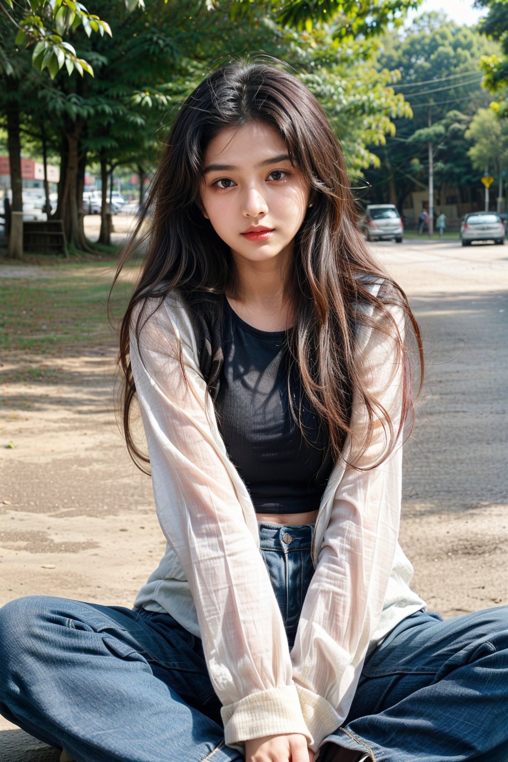 beautiful cute young attractive indian teenage girl, village girl, 18 years old, cute,  Instagram model, long black_hair, colorful hair, warm, dacing, in road sit at  park, indian