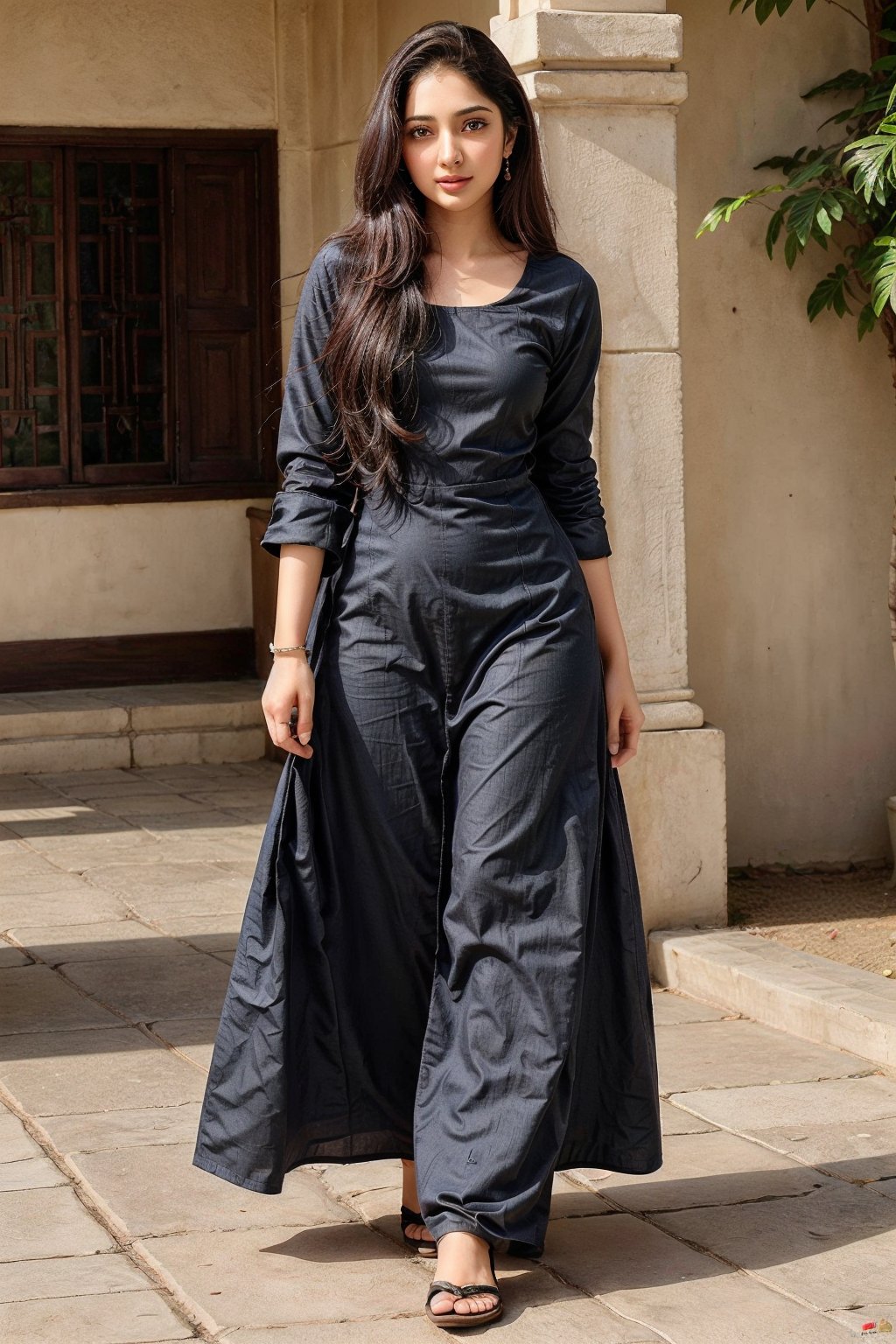 beautiful chubby cute young attractive girl indian face like kiara advani, teenage girl,village girl,18 year old,cute, instagram model,long black hair, indian blue kurta salwar from rajasthan, full body with environment, muslim dress, standing looking at her dress, flaunting the dress, dress unchanged