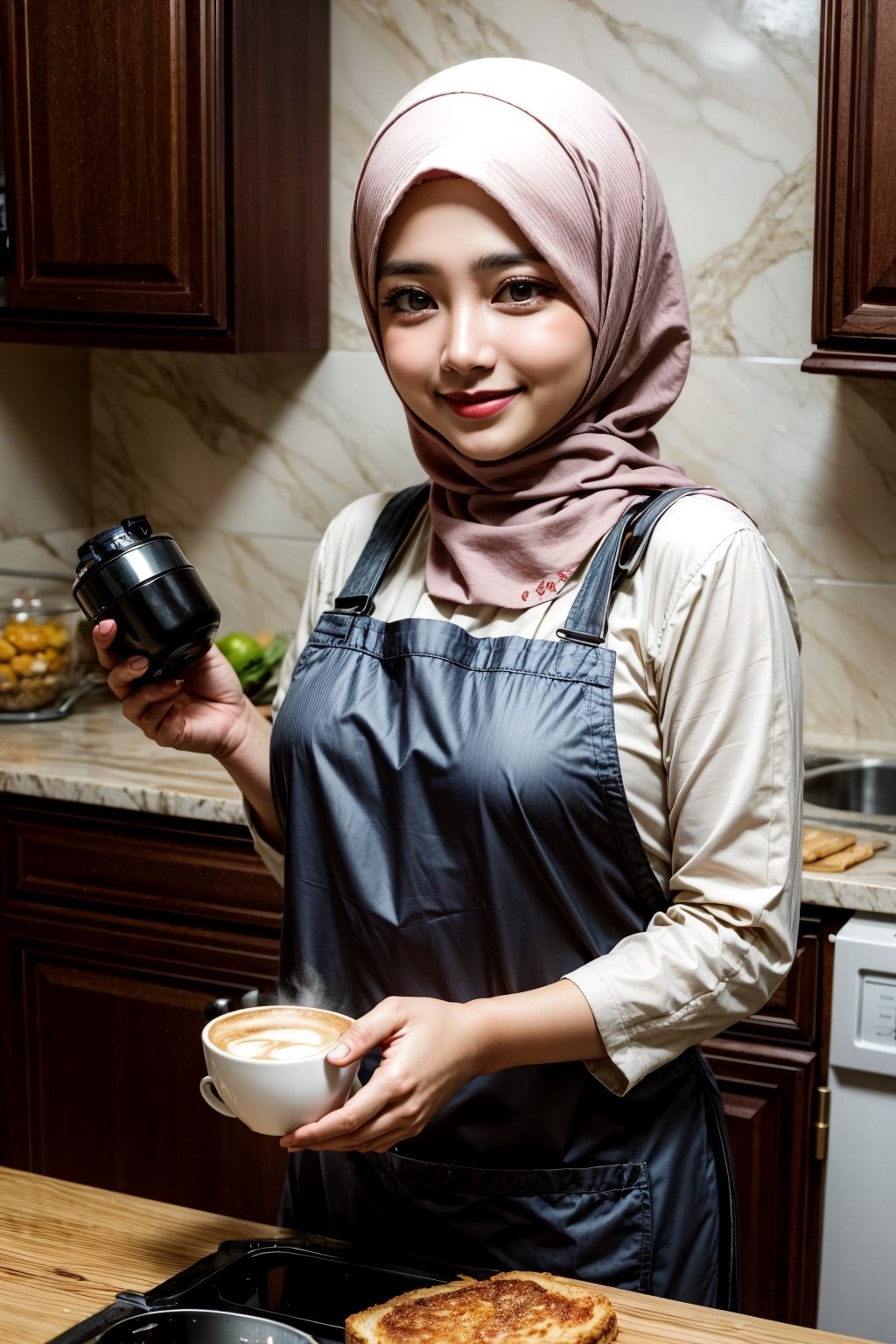 Potrait of Islamic wife, beautiful, cooking for her husband, making cup of coffee, smiling, happy, wearing apron, at kitchen, 

Perfect photography technic, 
Bokeh, DSLR, 