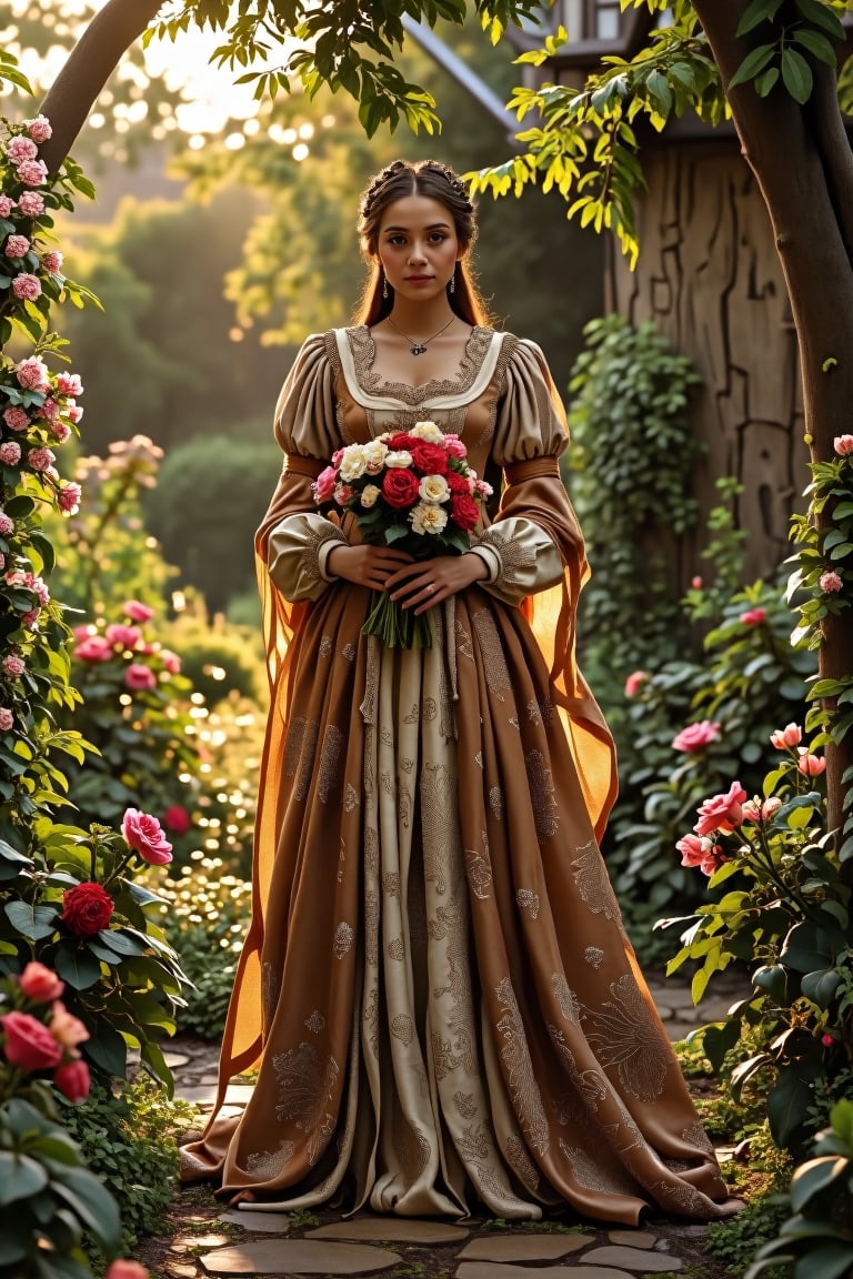 A medieval beauty princess, standing gracefully in a lush garden, surrounded by blooming flowers and verdant greenery. The princess wears a flowing gown of rich silk, adorned with delicate lace and embroidery. The garden is bathed in the soft, golden light of the setting sun, casting a warm glow on the scene. The princess holds a posy of flowers, her expression serene and contemplative. The composition is centered on the princess, with the garden's vibrant colors and intricate details enhancing the tranquil atmosphere.