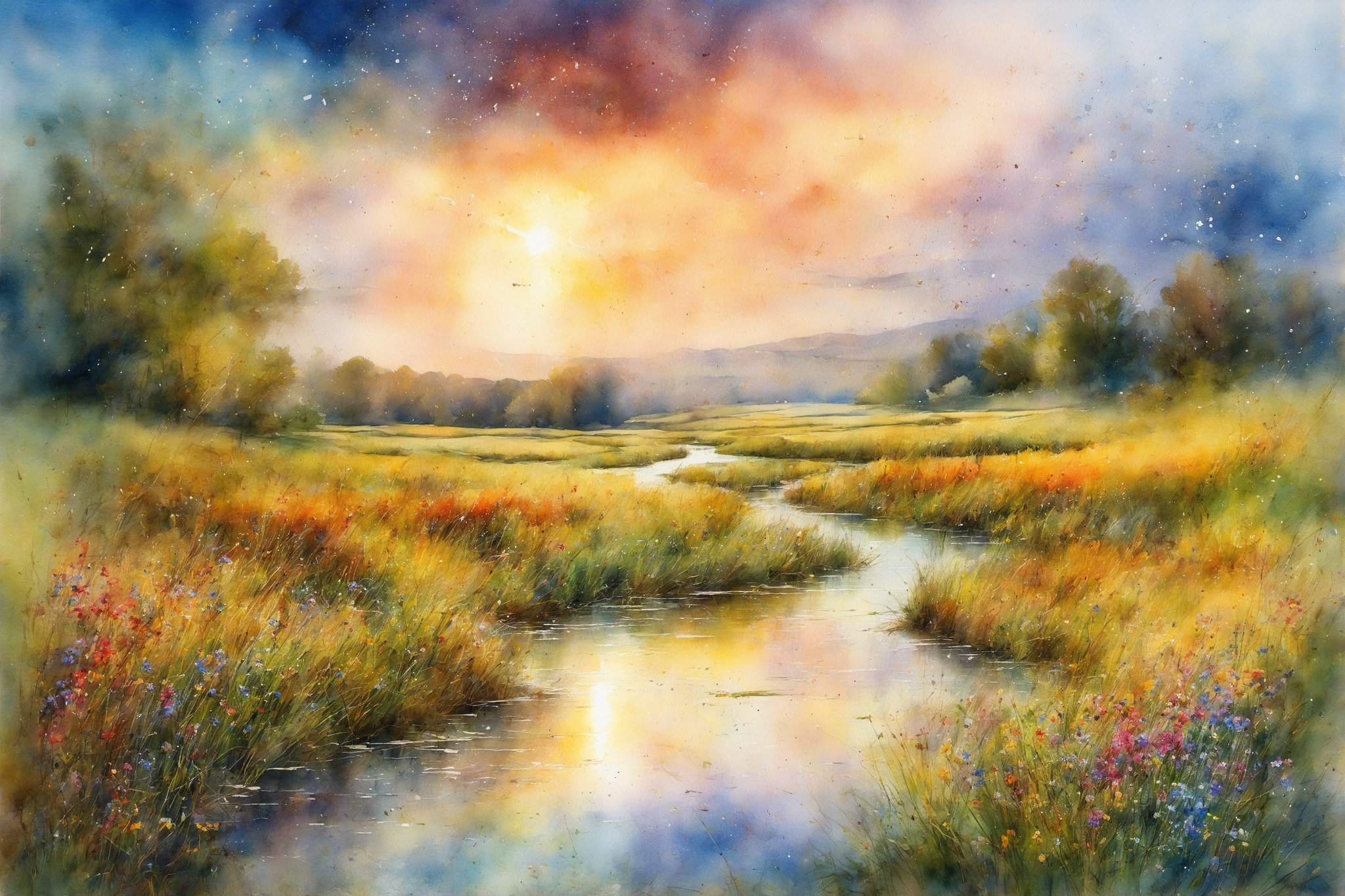 (masterpiece:1.4), best quality, watercolor, ink, oil and pencil, oil painting, cinematic photography lightning and reflective particles in the sky of a country field with winding river and wildflowers