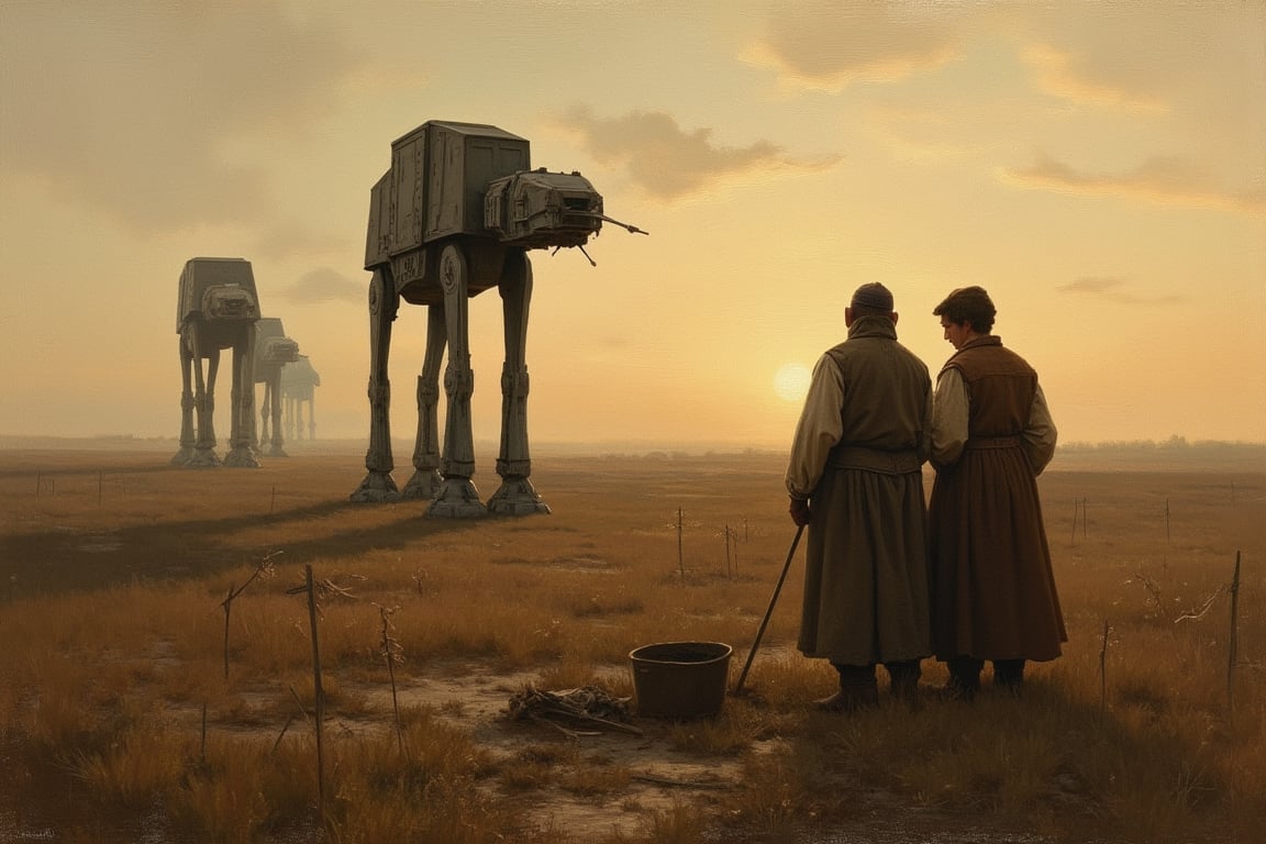 An oil painting in the style of Jean-François Millet's "L'Angelus." ,In the foreground, two peasants, a man and a woman, pray in a field at dusk. A muted, warm, golden sky. Rustic clothing, tools at their feet. Barren fields stretch to the horizon,

In the distance, three Star Wars AT-AT walkers stand, The mechanical shapes of the walkers contrast sharply with the pastoral landscape, but are painted in the same muted, earthy tones that are in keeping with Millet's style. The AT-ATs cast long shadows over the fields, enhancing the gloomy atmosphere of the painting,

Millet's brushwork and lighting are maintained. The soft, diffused light of the sunset, the rich texture of the clothing and the fields. The AT-ATs are painted with the same painting technique, and their hard edges are softened to fit the atmosphere of the original work,

Overall effect: A surreal mix of 19th century French realism and science fiction creates unsettling yet visually cohesive images. Peaceful rural landscapes are saturated with an atmosphere of impending doom from the oncoming war machine.,Medievalx