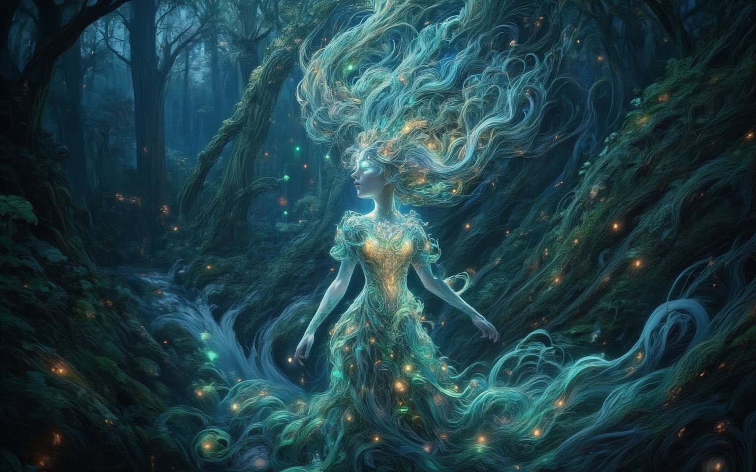 Create an image of a young woman standing in a lush, enchanted forest at twilight. She has flowing, silver hair that catches the fading sunlight, and her eyes glow faintly with a mysterious, magical aura. Her dress is made of delicate, shimmering leaves and flowers that seem to blend with the surrounding nature. Fireflies swirl around her, illuminating the scene with soft, ethereal light. In the background, towering ancient trees twist with vines, and a hidden waterfall glows faintly with bioluminescent plants. The style is a mix of Art Nouveau and high fantasy, with intricate linework and vibrant, enchanting colors.