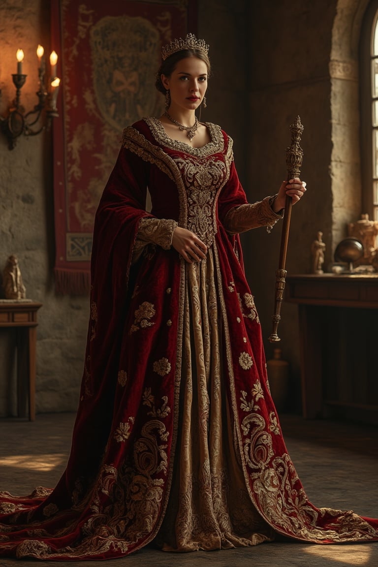 A medieval princess, standing regally in a grand castle hall, wearing a flowing velvet gown with intricate gold embroidery. The room is illuminated by the warm glow of torchlight, casting long shadows on the stone walls. The princess holds a scepter in one hand, her posture confident and composed. The composition is centered, with the princess as the focal point, surrounded by ornate tapestries and ancient artifacts.