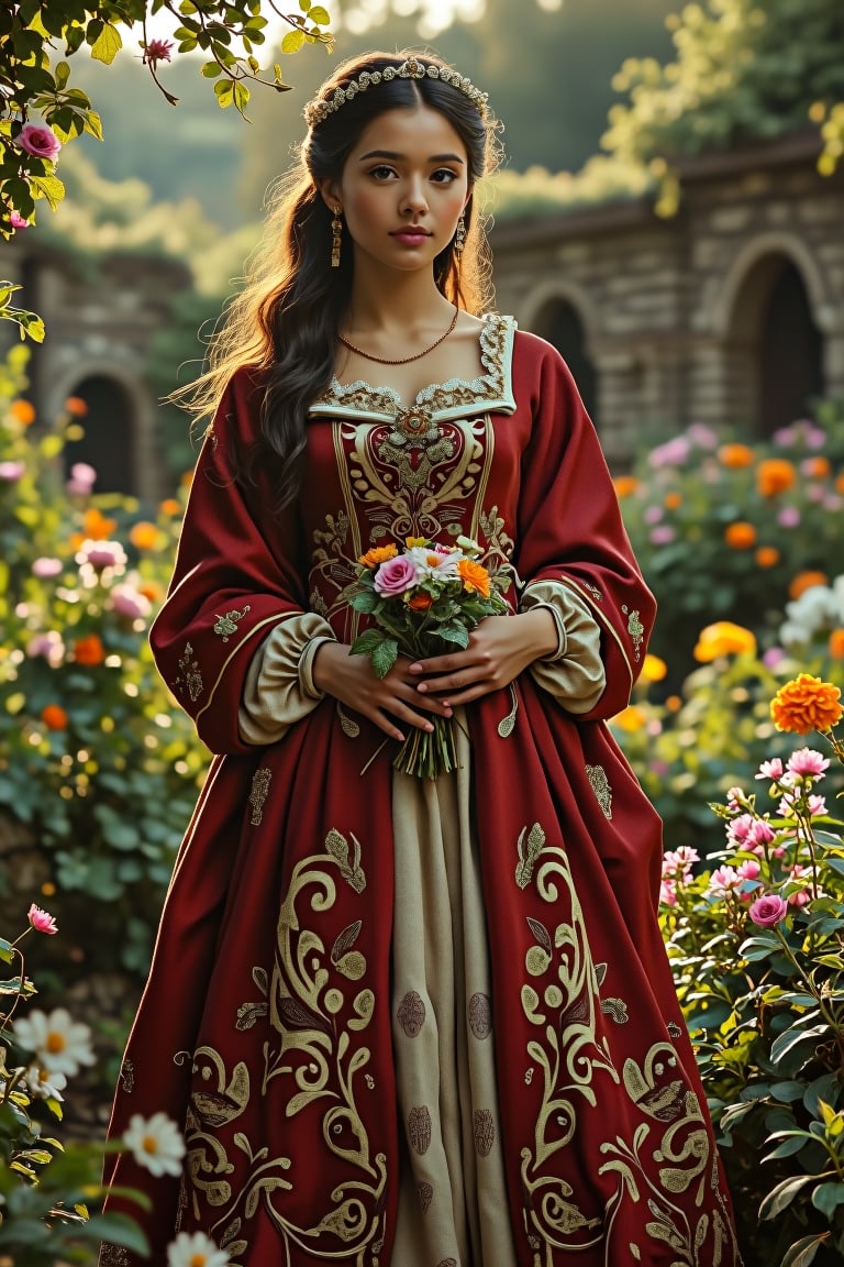 A medieval beauty princess, standing gracefully in a lush garden, surrounded by blooming flowers and verdant greenery. The princess wears a flowing gown of rich silk, adorned with delicate lace and embroidery. The garden is bathed in the soft, golden light of the setting sun, casting a warm glow on the scene. The princess holds a posy of flowers, her expression serene and contemplative. The composition is centered on the princess, with the garden's vibrant colors and intricate details enhancing the tranquil atmosphere.