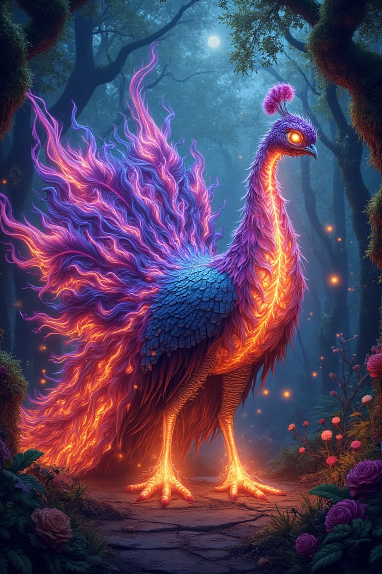 Create an image of a majestic peacock standing proudly in an enchanted forest at dusk. Instead of traditional tail feathers, the bird’s plumage erupts into vibrant, swirling flames of every color imaginable—rich purples, fiery oranges, radiant blues, and brilliant greens. The flames dance and flicker, casting a glowing light on the surrounding trees and flowers. The peacock’s body shimmers with iridescent scales, and its eyes burn with a mystical, otherworldly glow. Small sparks float gently through the air, illuminating the scene with an ethereal, magical aura. The style is a mix of fantasy realism and glowing, painterly detail.