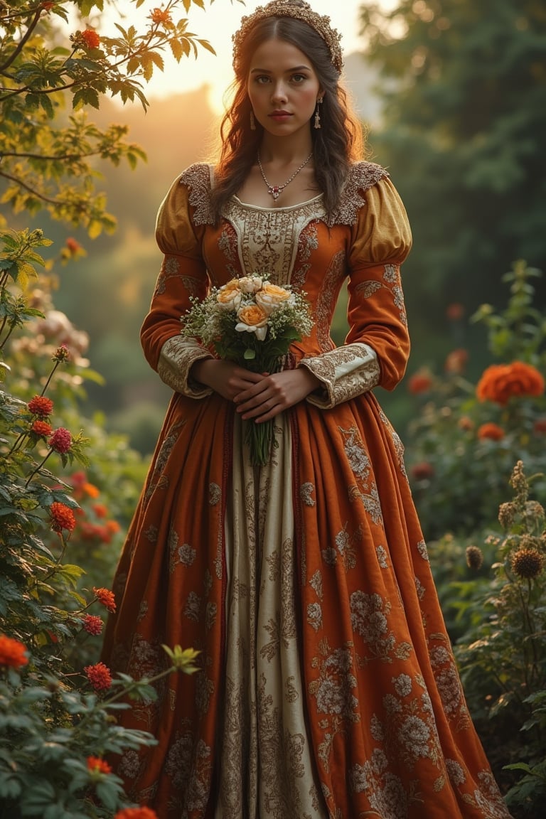 A medieval beauty princess, standing gracefully in a lush garden, surrounded by blooming flowers and verdant greenery. The princess wears a flowing gown of rich silk, adorned with delicate lace and embroidery. The garden is bathed in the soft, golden light of the setting sun, casting a warm glow on the scene. The princess holds a posy of flowers, her expression serene and contemplative. The composition is centered on the princess, with the garden's vibrant colors and intricate details enhancing the tranquil atmosphere.