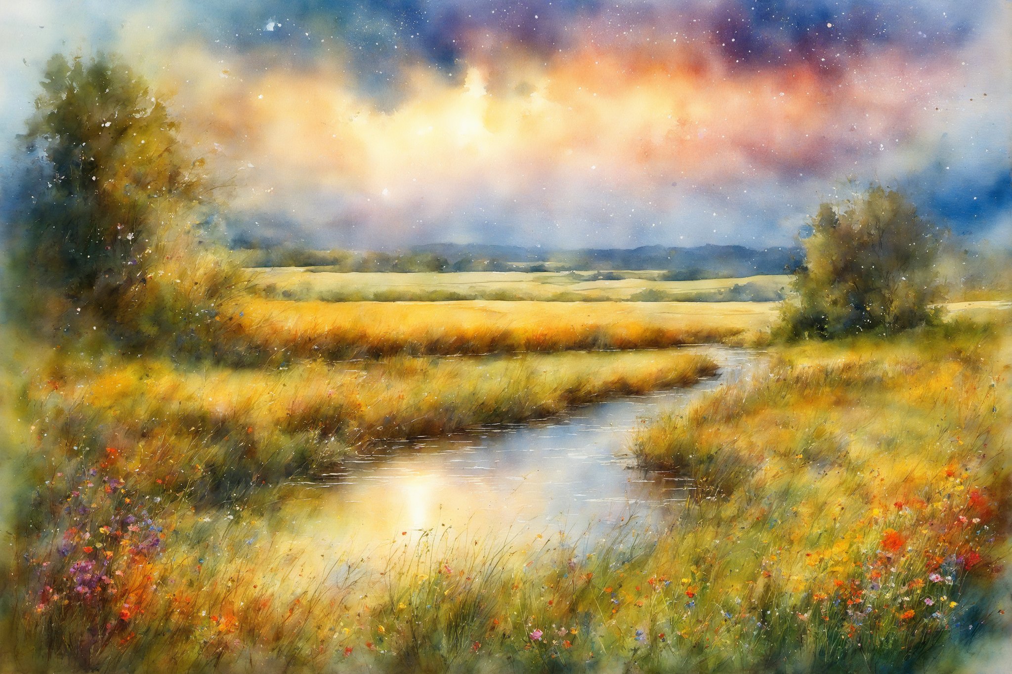 (masterpiece:1.4), best quality, watercolor, ink, oil and pencil, oil painting, cinematic photography lightning and reflective particles in the sky of a country field with winding river and wildflowers