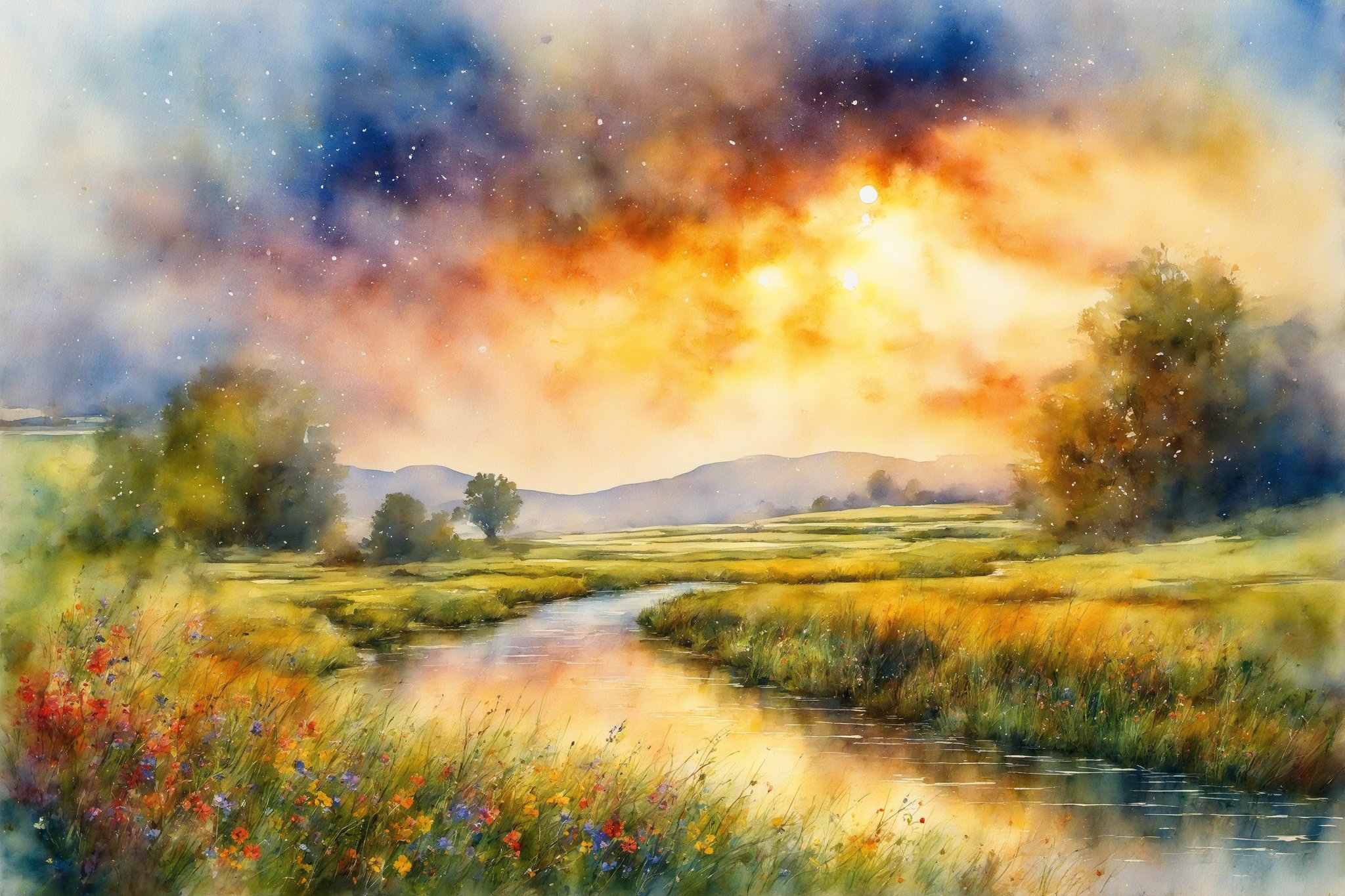 (masterpiece:1.4), best quality, watercolor, ink, oil and pencil, oil painting, cinematic photography lightning and reflective particles in the sky of a country field with winding river and wildflowers