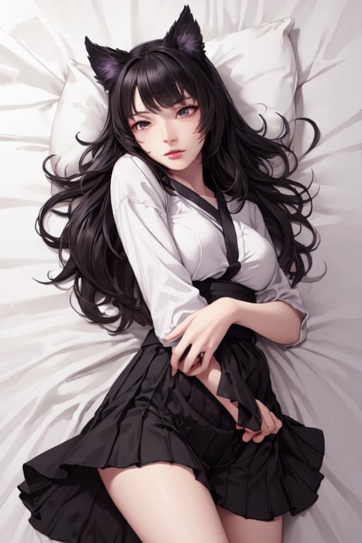 (Long Shot:1.4)), Photograph with realistic style portrays a sexy Blake Belladonna from the anime RWBY. She has medium breasts.
Blake is a fair-skinned young woman with wavy black hair and amber eyes. Her Faunus trait is a pair of black cat ears on top of her head.
Blake's pajamas are a black, long-sleeved, Yukata style shirt with white edging over a purple undershirt and a matching skirt. A black obi is wrapped around her waist and tied with a black and white string. While at Beacon, she wears her bow while sleeping