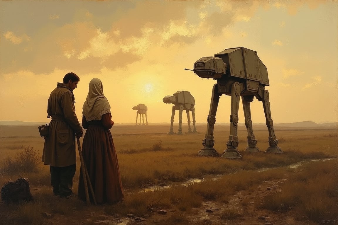 An oil painting in the style of Jean-François Millet's "L'Angelus." ,In the foreground, two peasants, a man and a woman, pray in a field at dusk. A muted, warm, golden sky. Rustic clothing, tools at their feet. Barren fields stretch to the horizon,

In the distance, three Star Wars AT-AT walkers stand, The mechanical shapes of the walkers contrast sharply with the pastoral landscape, but are painted in the same muted, earthy tones that are in keeping with Millet's style. The AT-ATs cast long shadows over the fields, enhancing the gloomy atmosphere of the painting,

Millet's brushwork and lighting are maintained. The soft, diffused light of the sunset, the rich texture of the clothing and the fields. The AT-ATs are painted with the same painting technique, and their hard edges are softened to fit the atmosphere of the original work,

Overall effect: A surreal mix of 19th century French realism and science fiction creates unsettling yet visually cohesive images. Peaceful rural landscapes are saturated with an atmosphere of impending doom from the oncoming war machine.,Medievalx