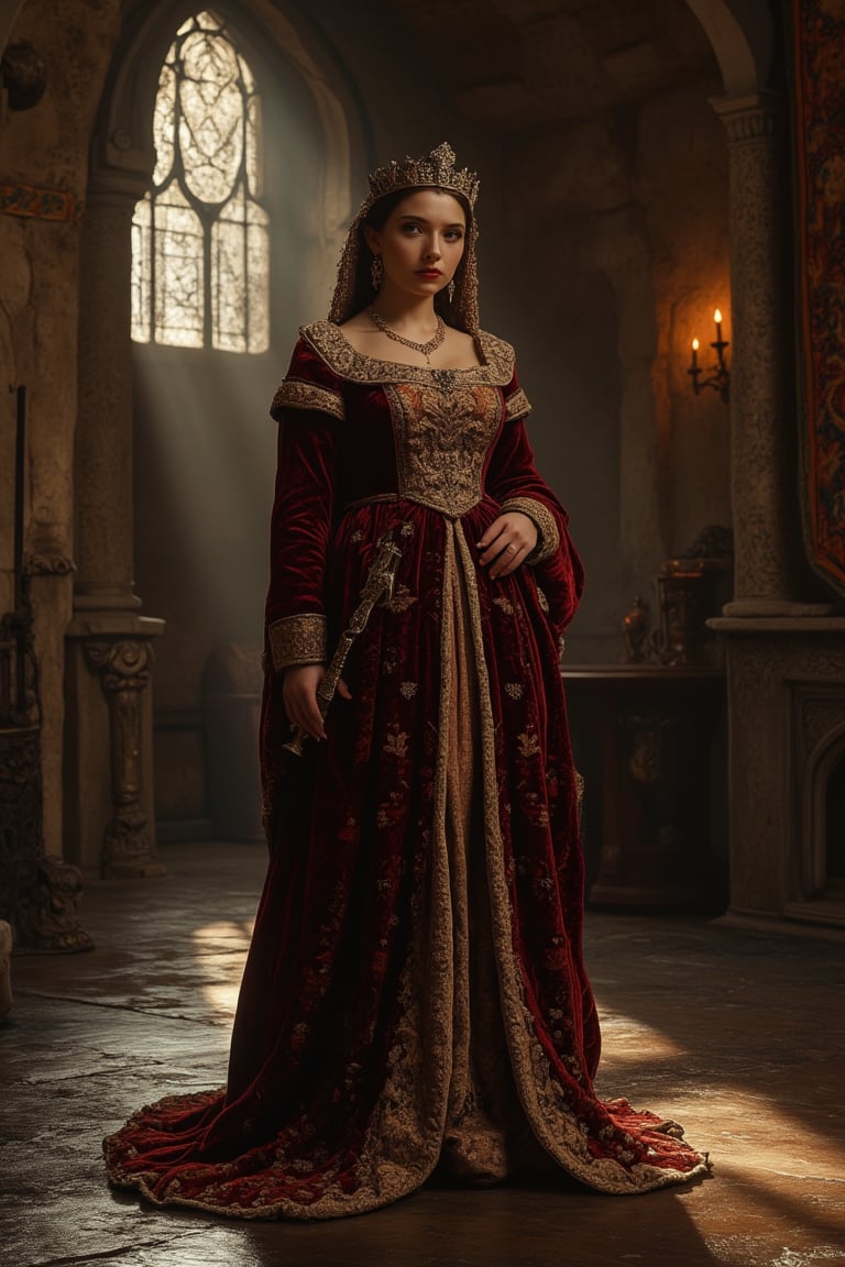 A medieval princess, standing regally in a grand castle hall, wearing a flowing velvet gown with intricate gold embroidery. The room is illuminated by the warm glow of torchlight, casting long shadows on the stone walls. The princess holds a scepter in one hand, her posture confident and composed. The composition is centered, with the princess as the focal point, surrounded by ornate tapestries and ancient artifacts.