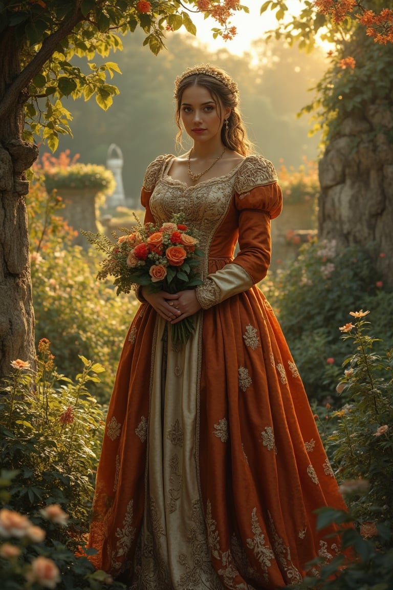 A medieval beauty princess, standing gracefully in a lush garden, surrounded by blooming flowers and verdant greenery. The princess wears a flowing gown of rich silk, adorned with delicate lace and embroidery. The garden is bathed in the soft, golden light of the setting sun, casting a warm glow on the scene. The princess holds a posy of flowers, her expression serene and contemplative. The composition is centered on the princess, with the garden's vibrant colors and intricate details enhancing the tranquil atmosphere.