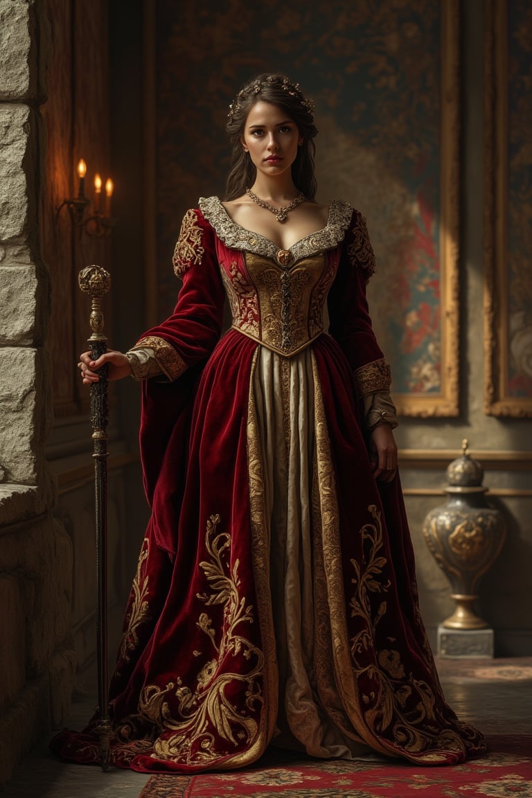 A medieval princess, standing regally in a grand castle hall, wearing a flowing velvet gown with intricate gold embroidery. The room is illuminated by the warm glow of torchlight, casting long shadows on the stone walls. The princess holds a scepter in one hand, her posture confident and composed. The composition is centered, with the princess as the focal point, surrounded by ornate tapestries and ancient artifacts.