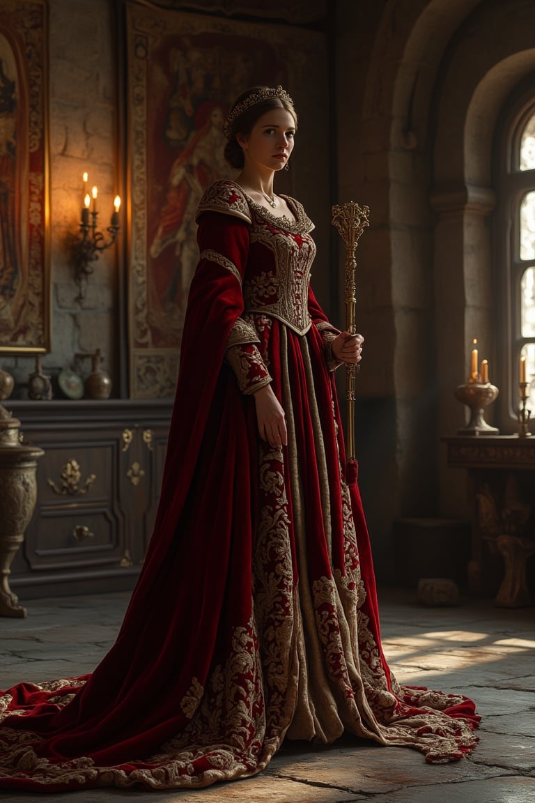 A medieval princess, standing regally in a grand castle hall, wearing a flowing velvet gown with intricate gold embroidery. The room is illuminated by the warm glow of torchlight, casting long shadows on the stone walls. The princess holds a scepter in one hand, her posture confident and composed. The composition is centered, with the princess as the focal point, surrounded by ornate tapestries and ancient artifacts.