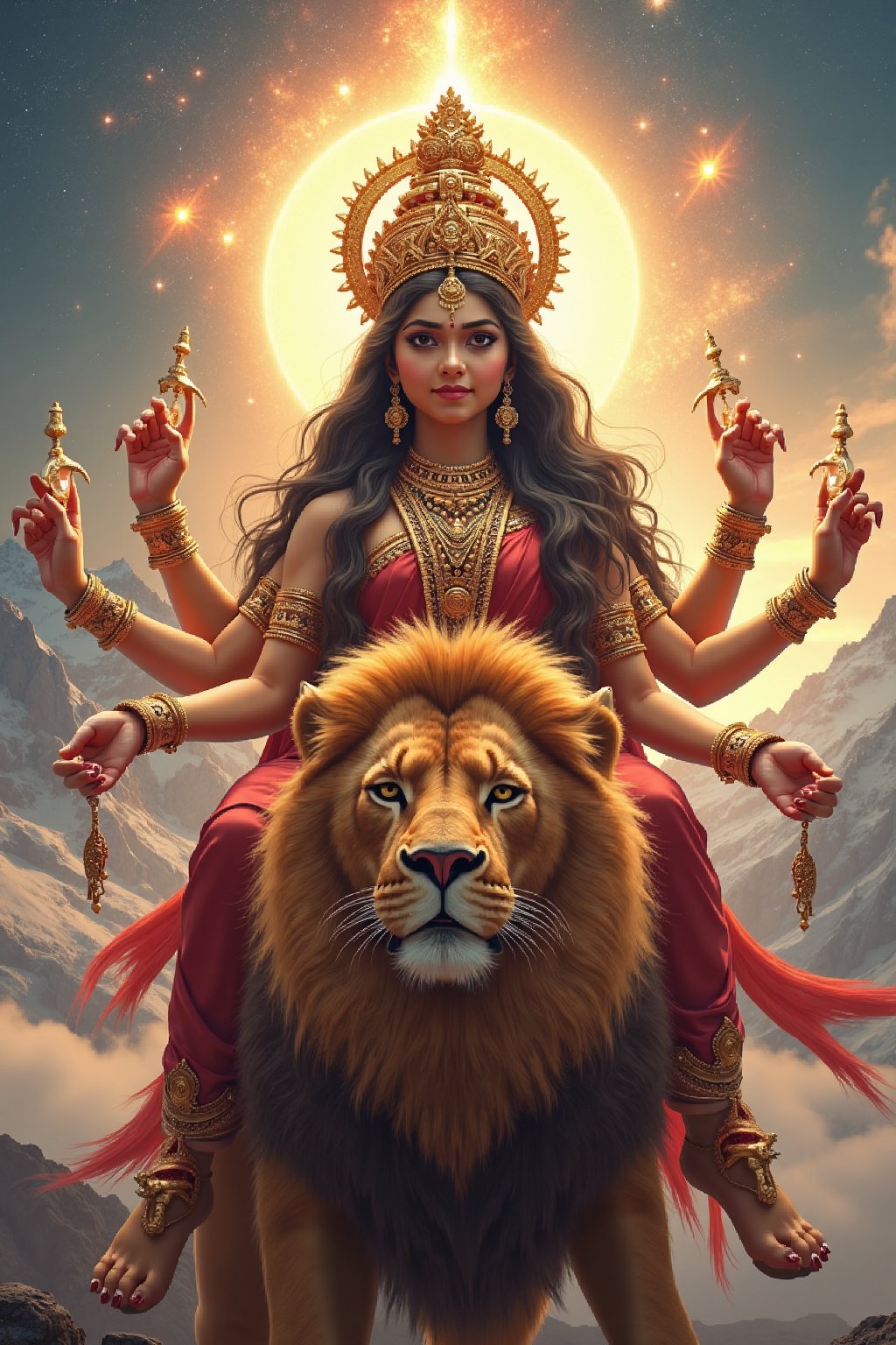 Create a majestic and awe-inspiring image of Goddess Durga looking younger girl, his looking so powerful, the fierce and compassionate aspect of Adi Parashakti, the supreme goddess. She is depicted with two arms , symbolizing her power to protect and vanquish evil. Her face radiates serenity and strength, adorned with a crown and traditional jewelry. She seat a lion, her vahana (vehicle), exuding an aura of divine energy and grace. The background is a vibrant tapestry of celestial elements, with a halo of light surrounding her, emphasizing her divine nature in background moutain, glacier view. The scene should evoke a sense of reverence, power, and spiritual upliftment, create realistic and 8k image quality 
