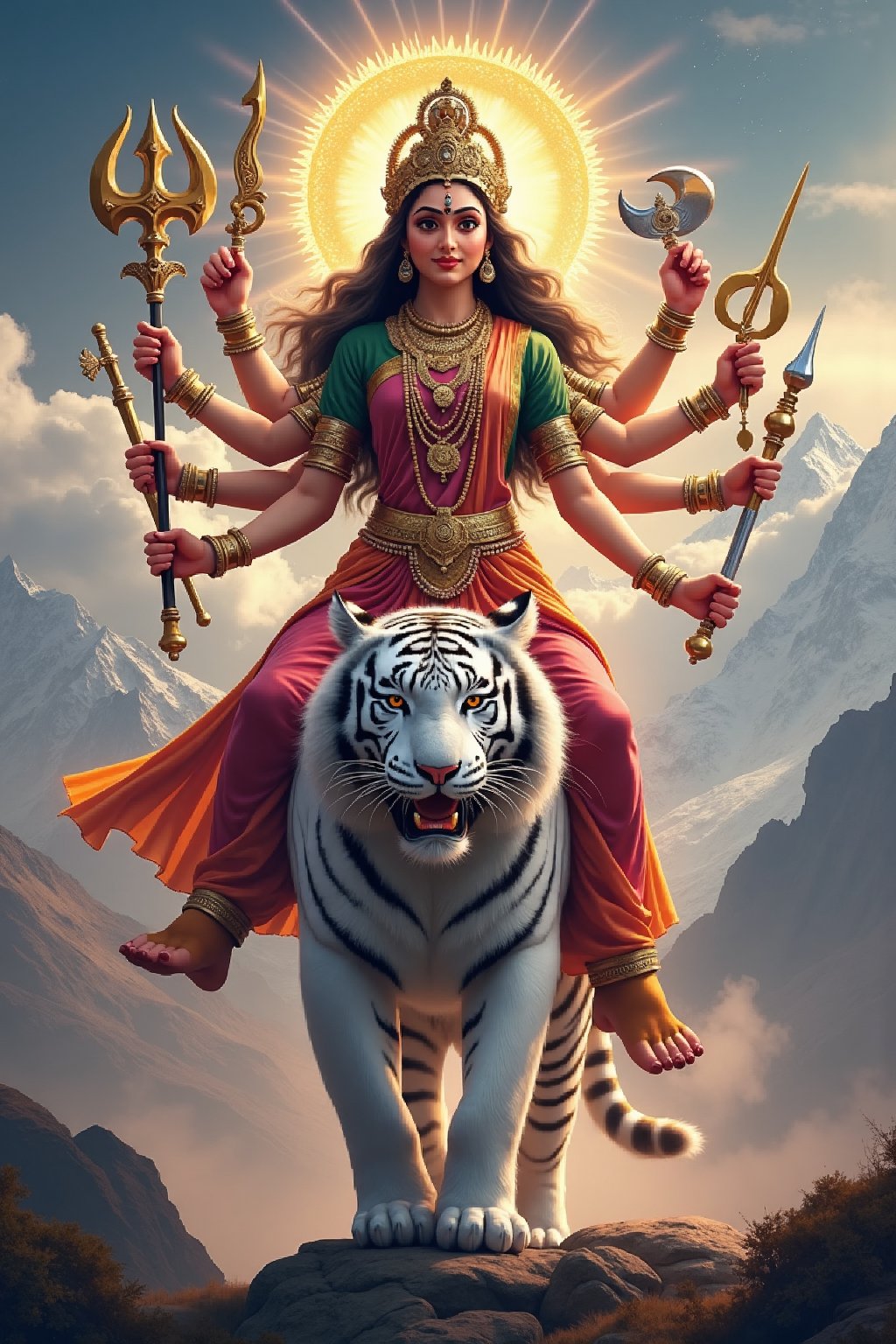 Create a majestic and awe-inspiring image of Goddess Durga, the fierce and compassionate aspect of Adi Parashakti, the supreme goddess. She is depicted with multiple arms, each holding a divine weapon, get trishul 🔱 (trident), sudarshan chakra (discus), shankha (conch), gada (mace), bow and arrow, sword, parashu (axe), lotus, thunderbolt, snack, symbolizing her power to protect and vanquish evil. Her face radiates serenity and strength, adorned with a crown and traditional jewelry. She stands atop a white tiger, her vahana (vehicle), exuding an aura of divine energy and grace. The background is a vibrant tapestry of celestial elements, with a halo of light surrounding her, emphasizing her divine nature in background moutain, glacier view. The scene should evoke a sense of reverence, power, and spiritual upliftment, create realistic and 8k image quality 
