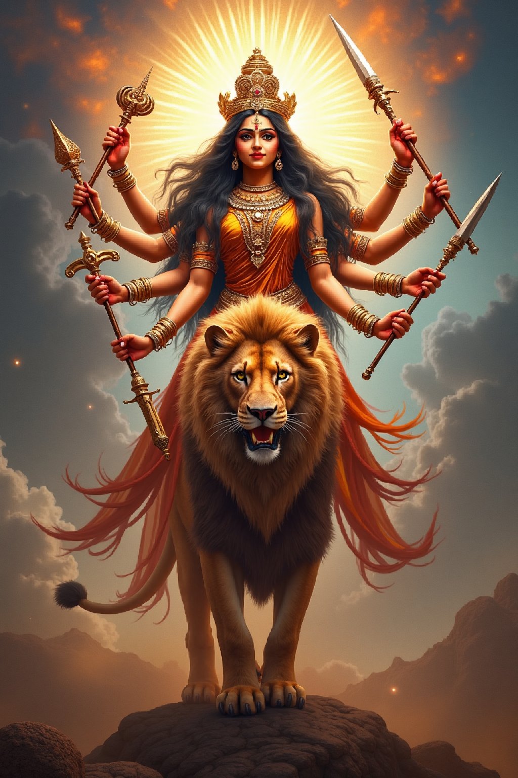 Create a majestic and awe-inspiring image of Goddess Durga, the fierce and compassionate aspect of Adi Parashakti, the supreme goddess. She is depicted with multiple arms, each holding a divine weapon, mace, sword, chakra, bhala, round shield, shankh, symbolizing her power to protect and vanquish evil. Her face radiates serenity and strength, adorned with a crown and traditional jewelry. She stands atop a lion, her vahana (vehicle), exuding an aura of divine energy and grace. The background is a vibrant tapestry of celestial elements, with a halo of light surrounding her, emphasizing her divine nature. The scene should evoke a sense of reverence, power, and spiritual upliftment
