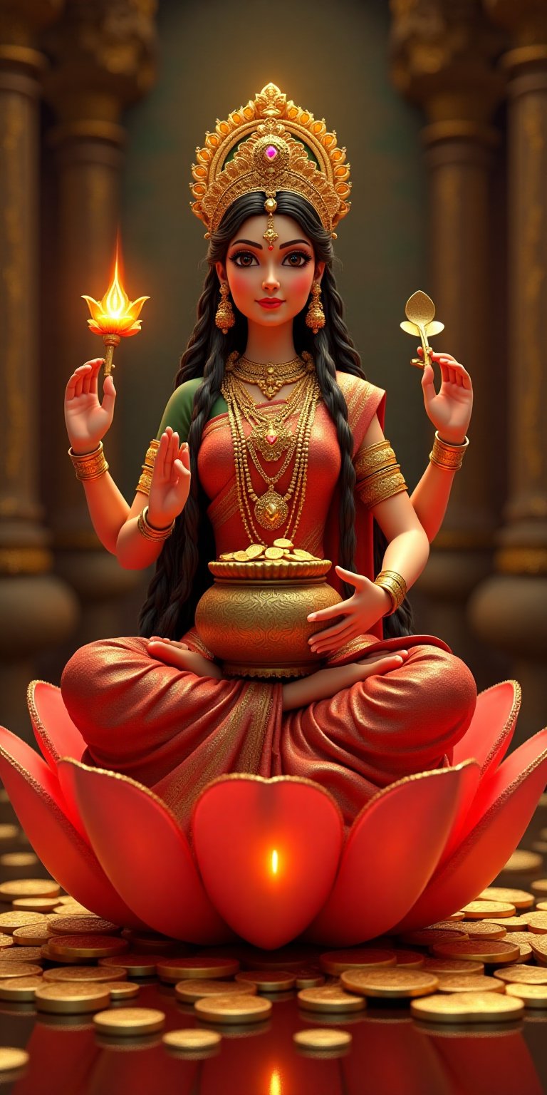 Create a detailed 3D rendering of Maa Lakshmi, the Hindu goddess of wealth and prosperity. She should be depicted sitting gracefully on a lotus flower, surrounded by glowing gold coins and intricate floral patterns.

Her attire should be traditional, featuring a richly adorned red and gold saree with delicate embroidery. Include intricate jewelry, such as necklaces, bangles, and a crown adorned with precious gems.

In her four hands, she holds a lotus flower, a pot of gold coins, a spoon, and a gesture of blessing. The background should be a serene temple setting, with soft, ambient lighting that highlights her divine presence.

Aim for a sense of tranquility and opulence, capturing the essence of abundance and grace.