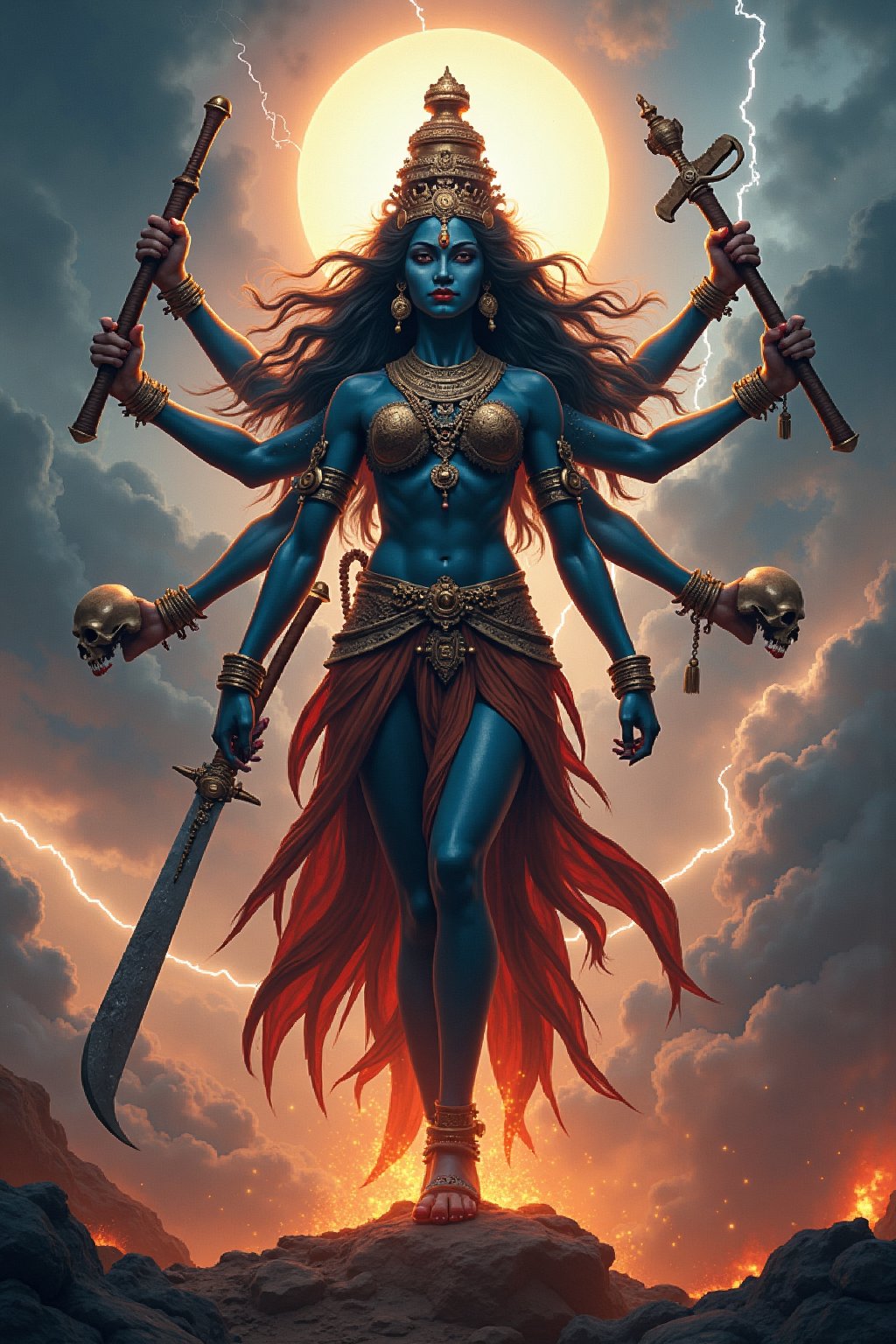 Create a powerful and awe-inspiring image of Mahakali, the fierce and protective Hindu goddess. She should be depicted with her traditional attributes: dark blue or black skin, multiple arms holding weapons like a sword, trident, and a severed head. Her eyes should be wide and intense, symbolizing her all-seeing nature. She should be adorned with a garland of skulls and a skirt made of severed arms. The background should be a dramatic, stormy sky with lightning, emphasizing her fierce and formidable presence. Include elements of fire and smoke to enhance the sense of power and destruction. Despite her fearsome appearance, ensure there is a sense of divine protection and strength emanating from her. Create a majestic and awe-inspiring image of Goddess mahakali the fierce and compassionate aspect of Adi Parashakti, the supreme goddess. She is depicted with multiple arms, each holding a divine weapon, get trishul 🔱 (trident), sudarshan chakra (discus), shankha (conch), gada (mace), bow and arrow, sword, parashu (axe), lotus, thunderbolt, snack, symbolizing her power to protect and vanquish evil. Her face radiates serenity and strength. exuding an aura of divine energy and grace. The background is a vibrant tapestry of celestial elements, with a halo of light surrounding her, emphasizing her divine nature. The scene should evoke a sense of reverence, power, and spiritual upliftment. She is wearing colour and febric, garland and skirt, ornaments, weapons, belts
