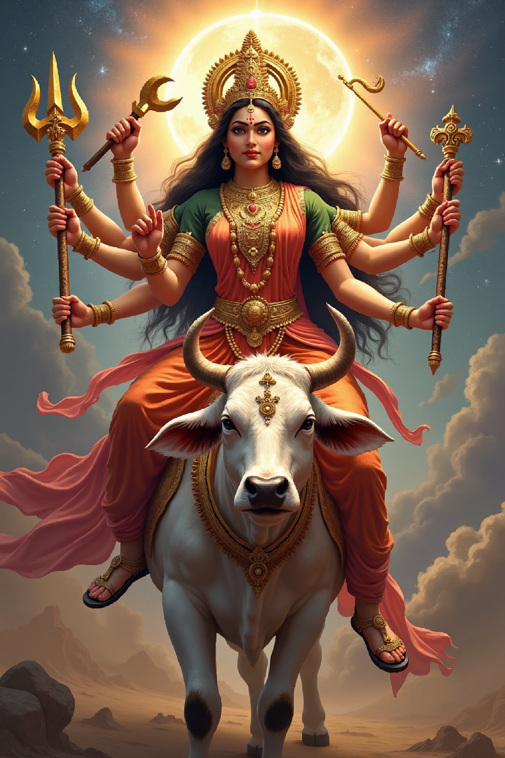 Create a majestic and awe-inspiring image of Goddess Durga, the fierce and compassionate aspect of Adi Parashakti, the supreme goddess. She is depicted with multiple arms, each holding a divine weapon, get trishul 🔱 (trident), sudarshan chakra (discus), shankha (conch), gada (mace), bow and arrow, sword, parashu (axe), lotus, thunderbolt, snack, symbolizing her power to protect and vanquish evil. Her face radiates serenity and strength, adorned with a crown and traditional jewelry. She stands atop a cow, her vahana (vehicle), exuding an aura of divine energy and grace. The background is a vibrant tapestry of celestial elements, with a halo of light surrounding her, emphasizing her divine nature. The scene should evoke a sense of reverence, power, and spiritual upliftment
