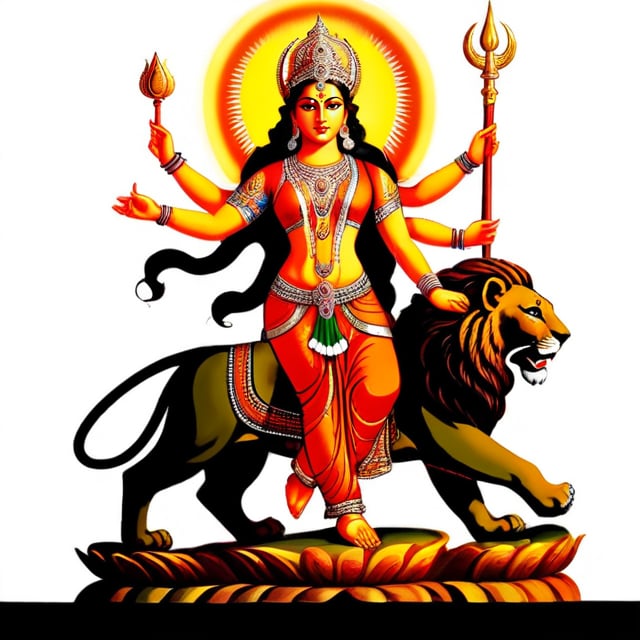 Create a majestic and awe-inspiring image of Goddess Durga, the fierce and compassionate aspect of Adi Parashakti, the supreme goddess. She is depicted with multiple arms, each holding a divine weapon, mace, sword, chakra, bhala, round shield, shankh, symbolizing her power to protect and vanquish evil. Her face radiates serenity and strength, adorned with a crown and traditional jewelry. She stands atop a lion, her vahana (vehicle), exuding an aura of divine energy and grace. The background is a vibrant tapestry of celestial elements, with a halo of light surrounding her, emphasizing her divine nature. The scene should evoke a sense of reverence, power, and spiritual upliftment