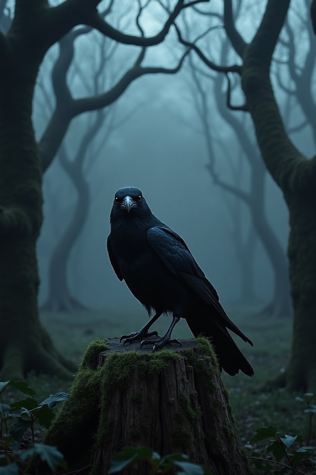 A dark, misty forest at dusk, with twisted tree branches like skeletal fingers reaching towards the sky. A lone raven perches on a moss-covered stump, its inky feathers glistening with dew. The bird's piercing gaze seems to bore into the soul as it gazes directly at the viewer. In the background, a faint light flickers through the trees, casting long shadows that appear to be whispering secrets to each other. The overall atmosphere is eerie and foreboding.
