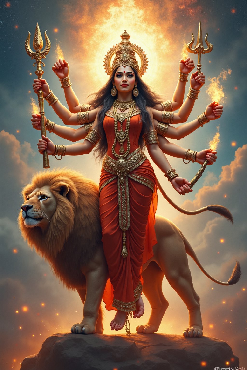 Create a majestic and awe-inspiring image of Goddess Durga, the fierce and compassionate aspect of Adi Parashakti, the supreme goddess. She is depicted with multiple arms, each holding a divine weapon, symbolizing her power to protect and vanquish evil. Her face radiates serenity and strength, adorned with a crown and traditional jewelry. She stands atop a lion, her vahana (vehicle), exuding an aura of divine energy and grace. The background is a vibrant tapestry of celestial elements, with a halo of light surrounding her, emphasizing her divine nature. The scene should evoke a sense of reverence, power, and spiritual upliftment
