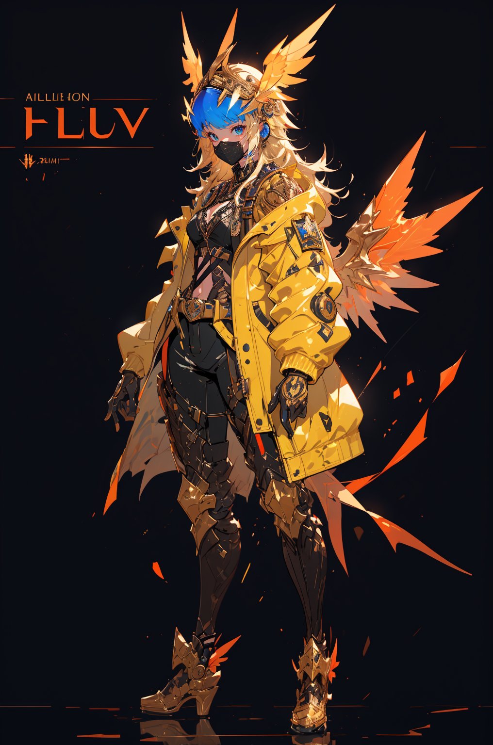 a close up of a person wearing a white puffer jacket and a customized biker helmet, full body concept, decorations, artstation, casual, same character in two angles, gloves, techwear, pixiv character, official character art, (toned), wings in helmet, wide shoulders, best quality, detailed character artwork, cool outfit, modern game character, color balance, patterns, very stylized design, (full body concept art), full length character, artistic, high quality, (intricate details), beautiful lighting, 1boy, modern fantasy, black visor, tight outfit, (biker helmet covering whole face),blad4,LAColdFury