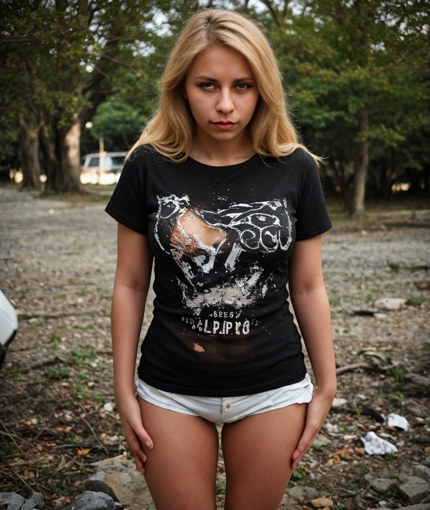 (highly detailed), (realistic), (photography), 1 woman, light skin, grimace, alone, blonde hair, long hair, full body, looking at viewer, t-shirt, torn t-shirt, outdoors, depth of field, blurred background , VaneL