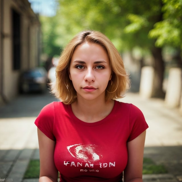 (very detailed), (realistic), (photography), 1 woman, light skin, grimace, alone, blonde hair, upper body, looking at viewer, t-shirt, red t-shirt, outdoors, depth of field, blurred background, , VaneL