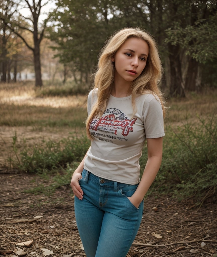 (highly detailed), (realistic), (photography), 1 woman, light skin, grimace, alone, blonde hair, long hair, full body, looking at viewer, t-shirt, torn t-shirt, outdoors, depth of field, blurred background , VaneL