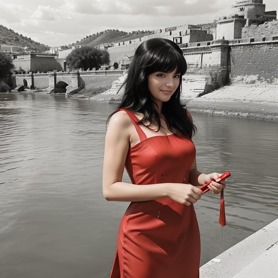 (1 girl), (shoulder length hair with bangs), (red empire dress: 1.5), fake smile, (in the river),LaCocaIS