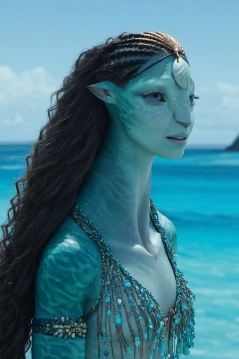 Beautiful na’vi,((Emmy Rossum)), female, aqua skin, jewelry, (( beach:background)), ((closeup)), movie scene, freckles, detailed, hdr, high quality, movie still, tail, skin detail,ADD MORE DETAIL