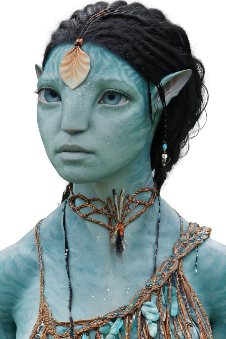 beautiful na’vi, alien, female, tribal tattoos, turquoise skin, colored skin, pointed ears, freckles, soft blue eyes, braided black hair, tribal jewelry, bust shot, skin details, blank white background, visual dictionary, More Reasonable Details