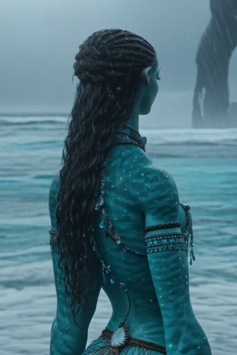 Beautiful na’vi,((Zendaya)), female, aqua skin, jewelry, ((gloomy beach:background)), raining, facing camera, ((closeup)), movie scene, freckles, detailed, hdr, high quality, movie still, tail, skin detail,ADD MORE DETAIL