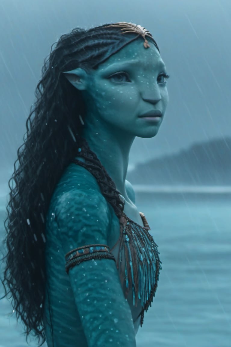 Beautiful na’vi,((Zendaya)), female, aqua skin, jewelry, ((gloomy beach:background)), raining, ((closeup)), movie scene, freckles, detailed, hdr, high quality, movie still, tail, skin detail,ADD MORE DETAIL