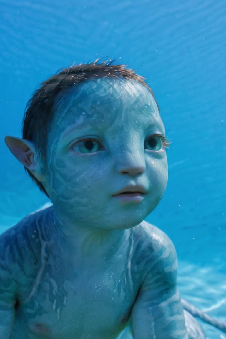 beautiful na’vi, alien, baby, turqoise skin, colored skin, pointed ears, freckles, soft blue eyes, bald, skin details, partially submerged in water, bright sky, wet skin, visual dictionary, More Reasonable Details