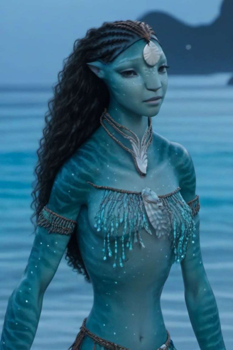 Beautiful na’vi,((Zendaya)), female, aqua skin, jewelry, (( beach:background)), night, ((closeup)), movie scene, freckles, detailed, hdr, high quality, movie still, tail, skin detail,ADD MORE DETAIL