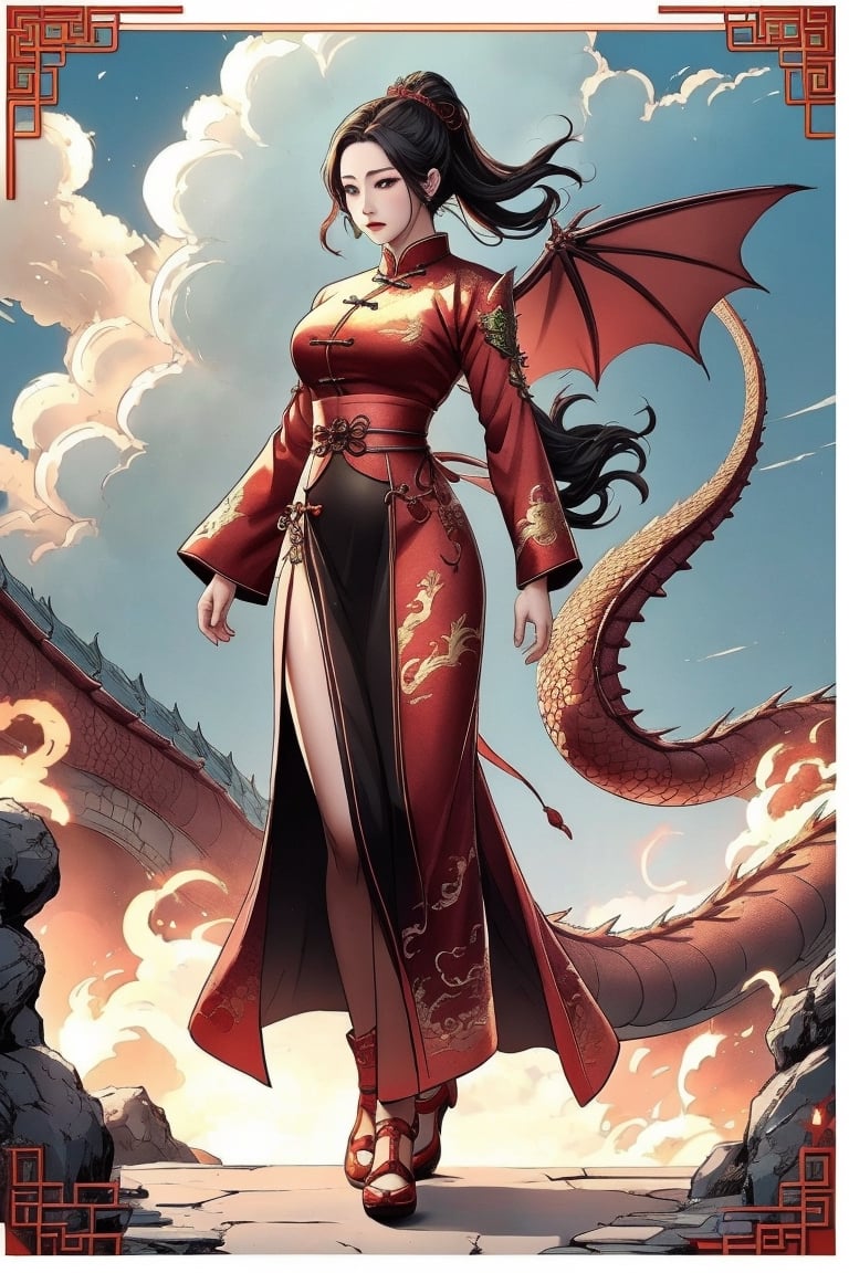 dragon-themed, dragon scale, detailed woman dressed, comic style, complex background, chinese element, cloud, full body:1.1