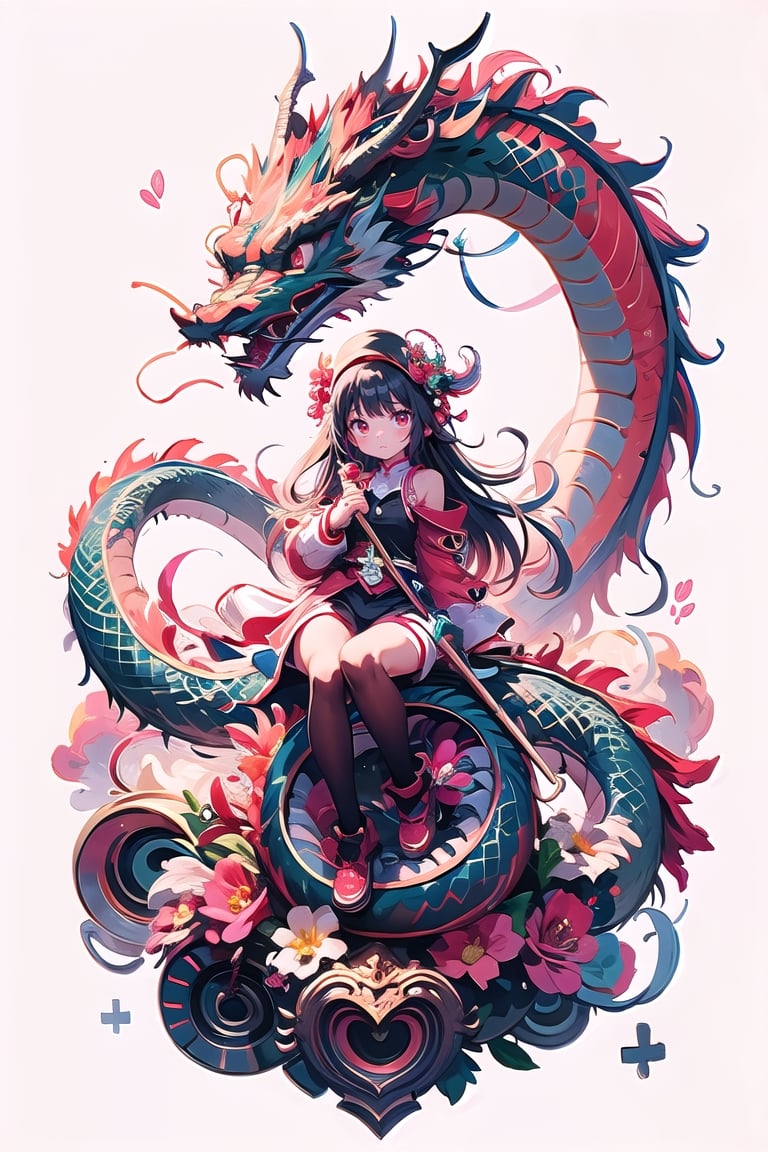 dragon venus,  1girls, solo, long hair, closed mouth, full body, floating hair, floating, metal,  mechanical body,mechanical,  dragon,complex background,  planet,dragon-themed,  pink theme,  holding stick,masterpiece,best quality