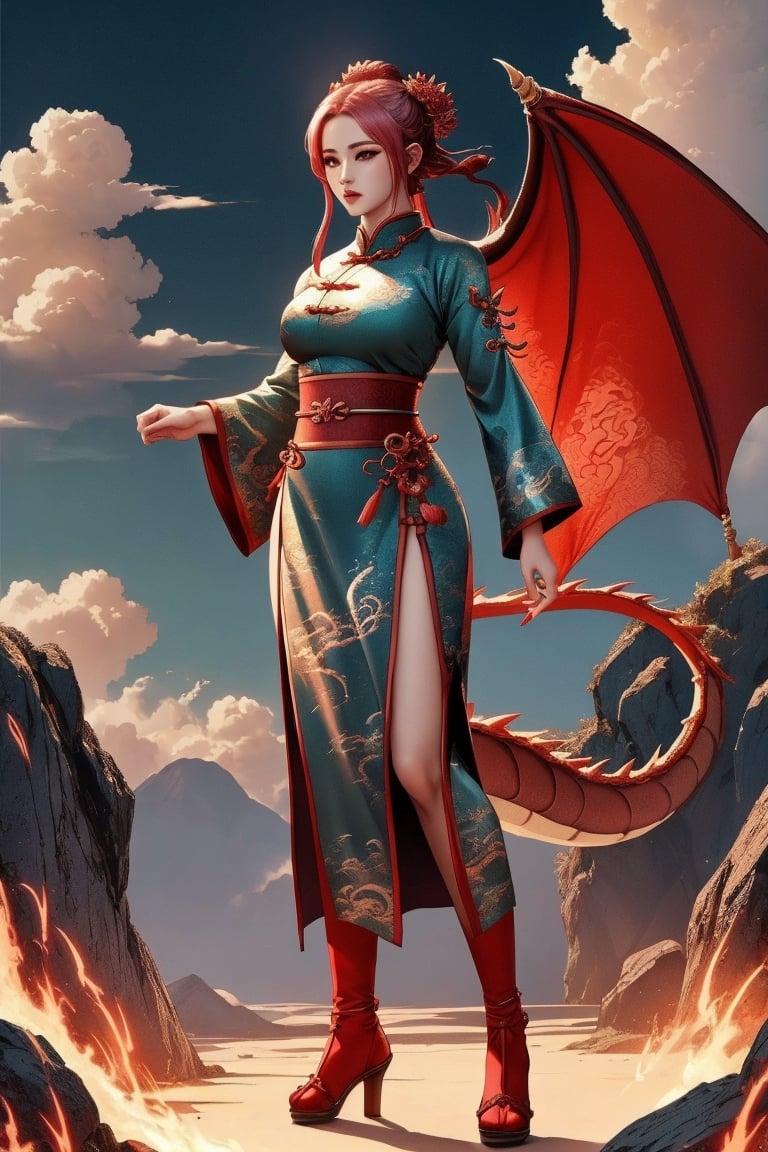 dragon-themed, dragon scale, detailed woman dressed, comic style, complex background, chinese element, cloud, full body:1.1